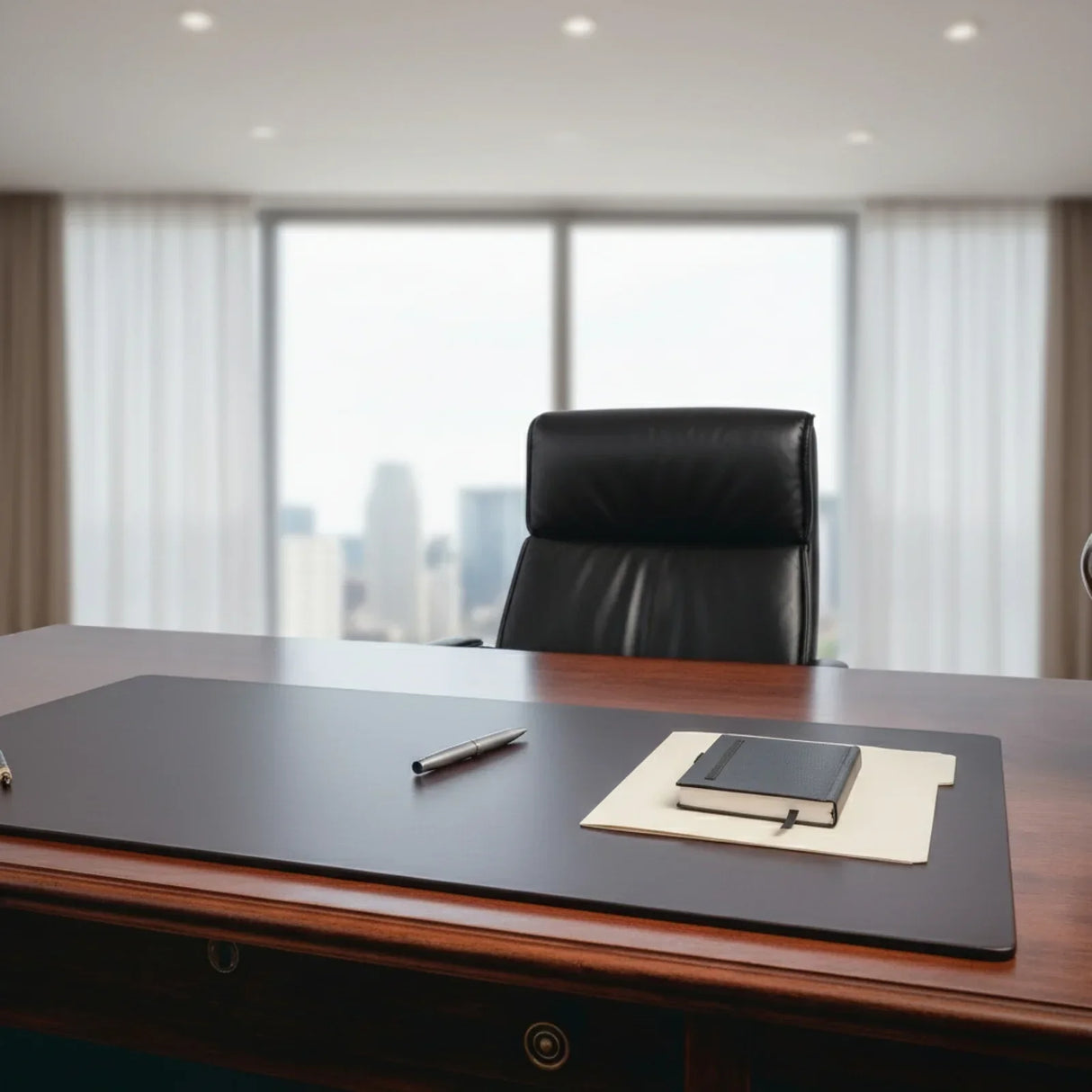 Chocolate brown leather desk mat on office desk with pen, folder, and notebook