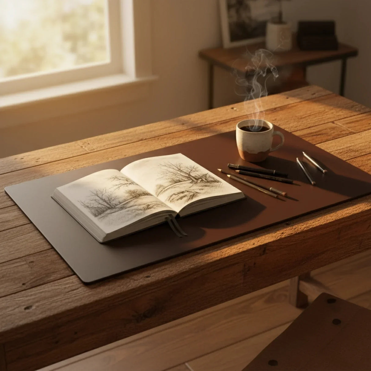 Brown leather desk mat on wooden table with sketchbook, pencils, and coffee cup