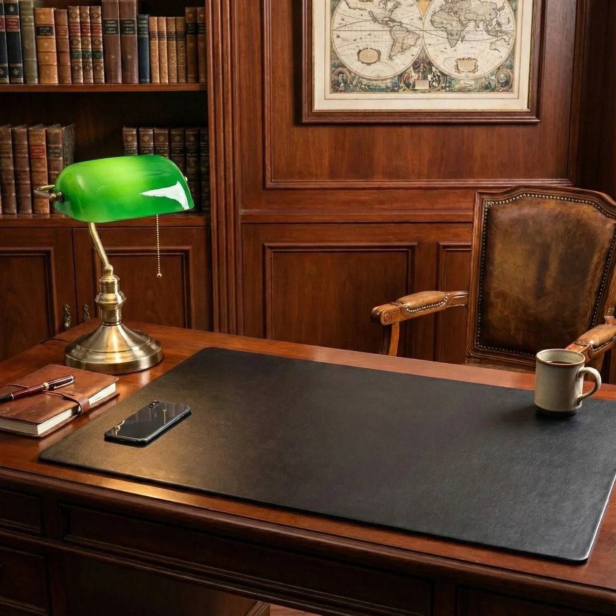 Black leather desk mat on a wooden desk in classic office with lamp, books, mug, and chair