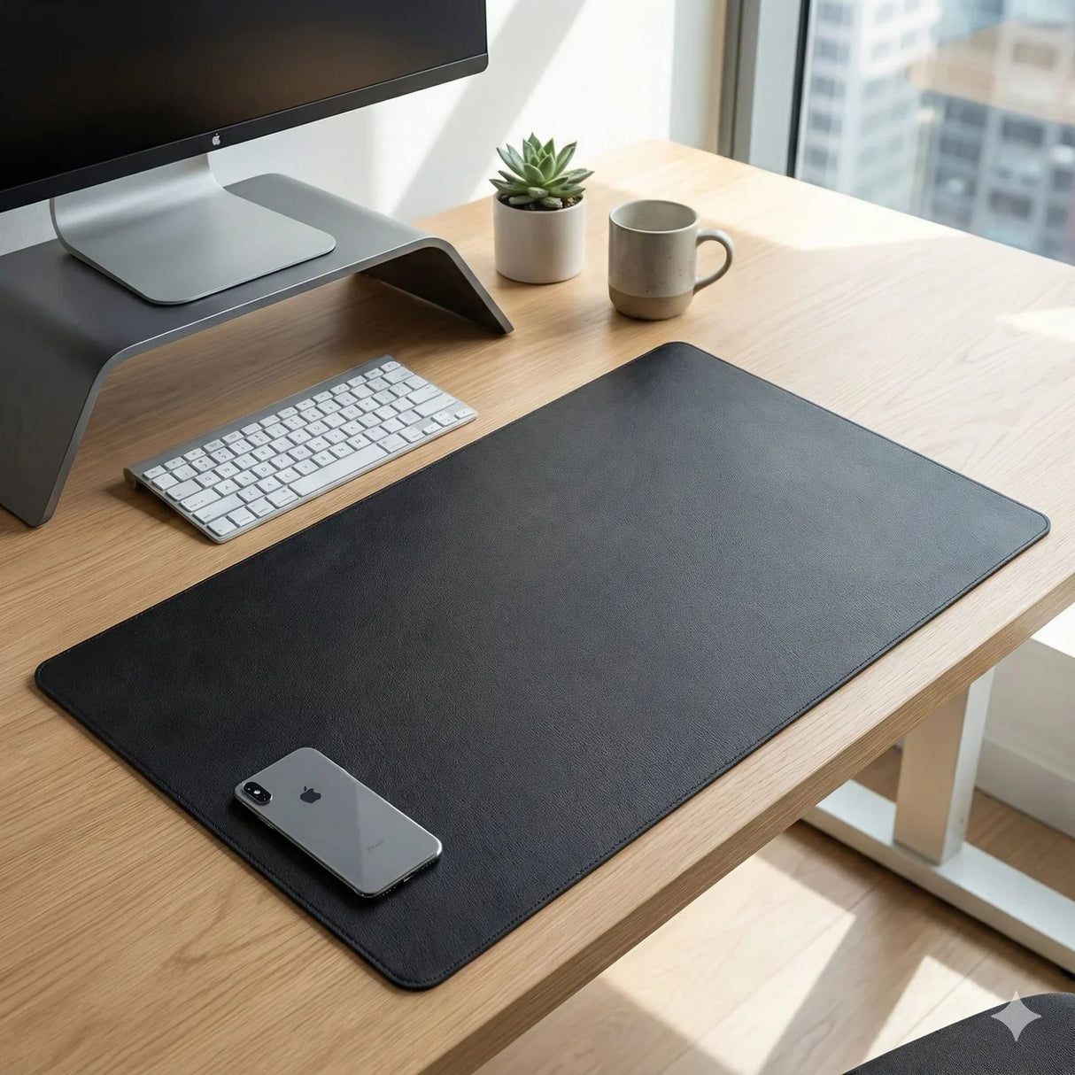 Black leather desk mat on modern wooden office desk with keyboard, phone, and computer monitor