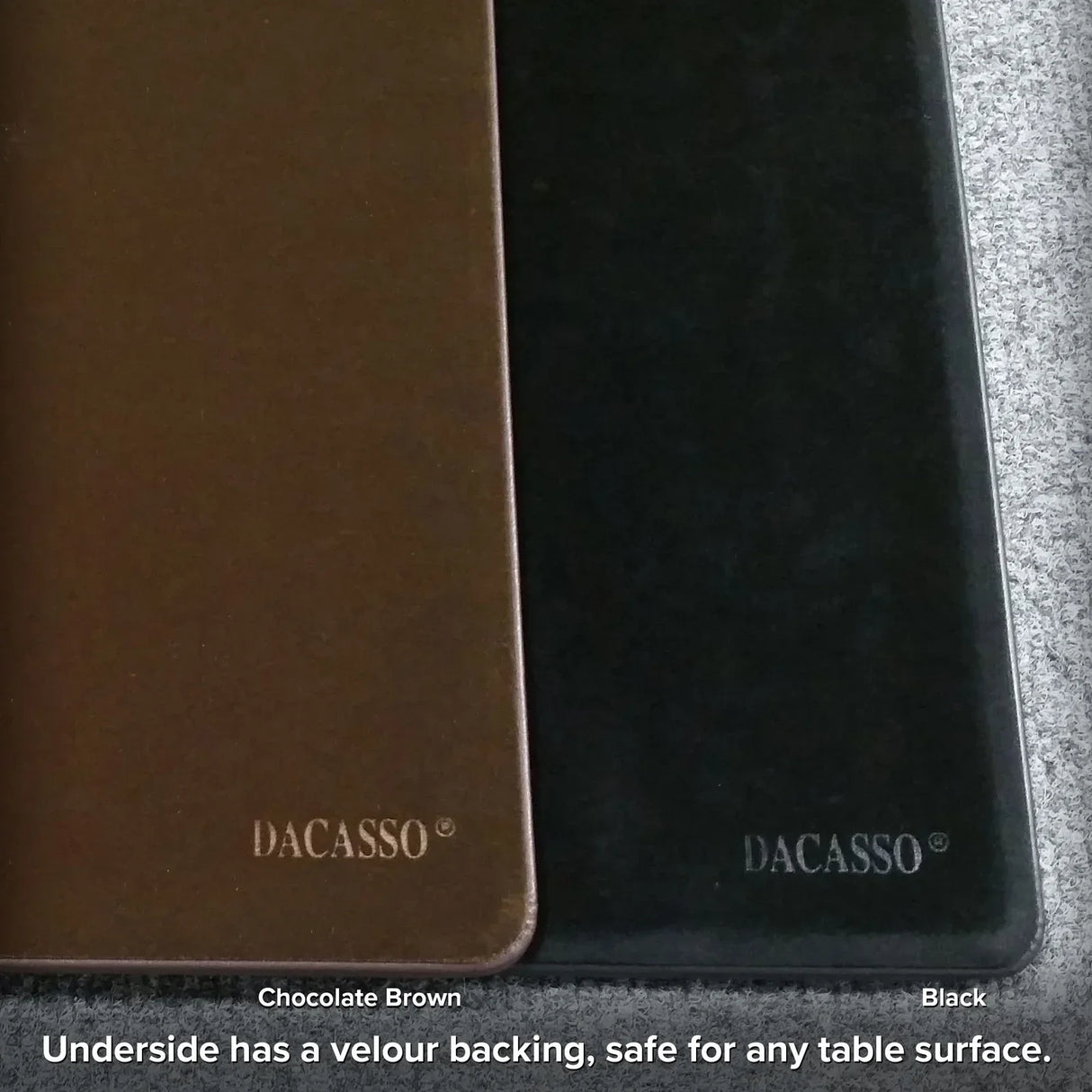 Chocolate brown and black leather desk mats with embossed logo on textured surface