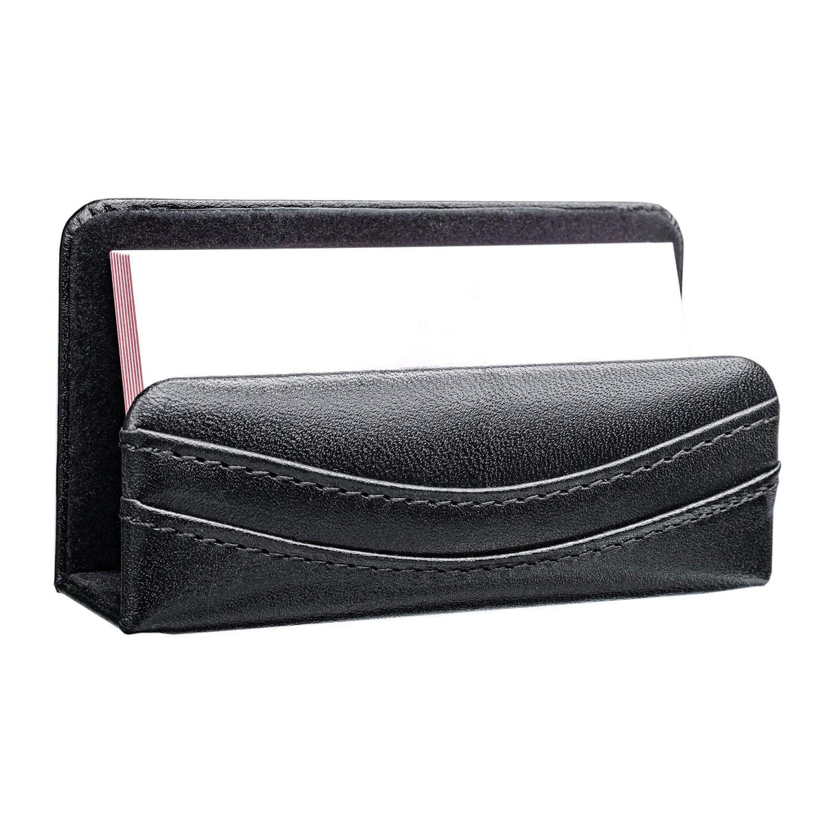 Black leather business card holder with visible stitching, holding white cards