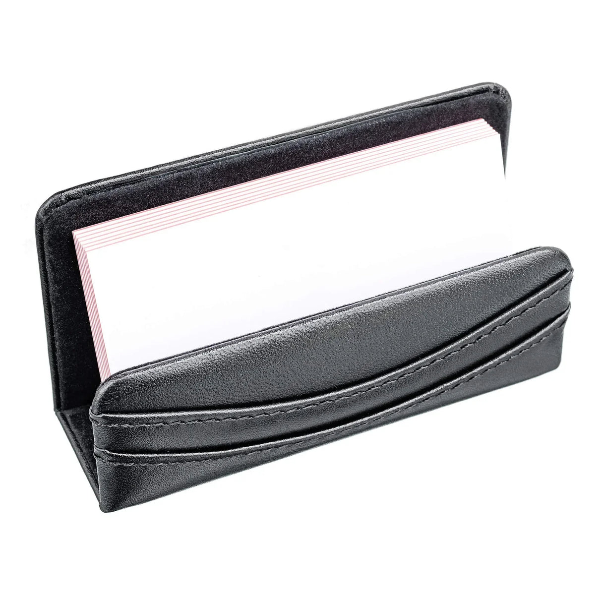 Classic black leather business card holder with stitching, holding white cards