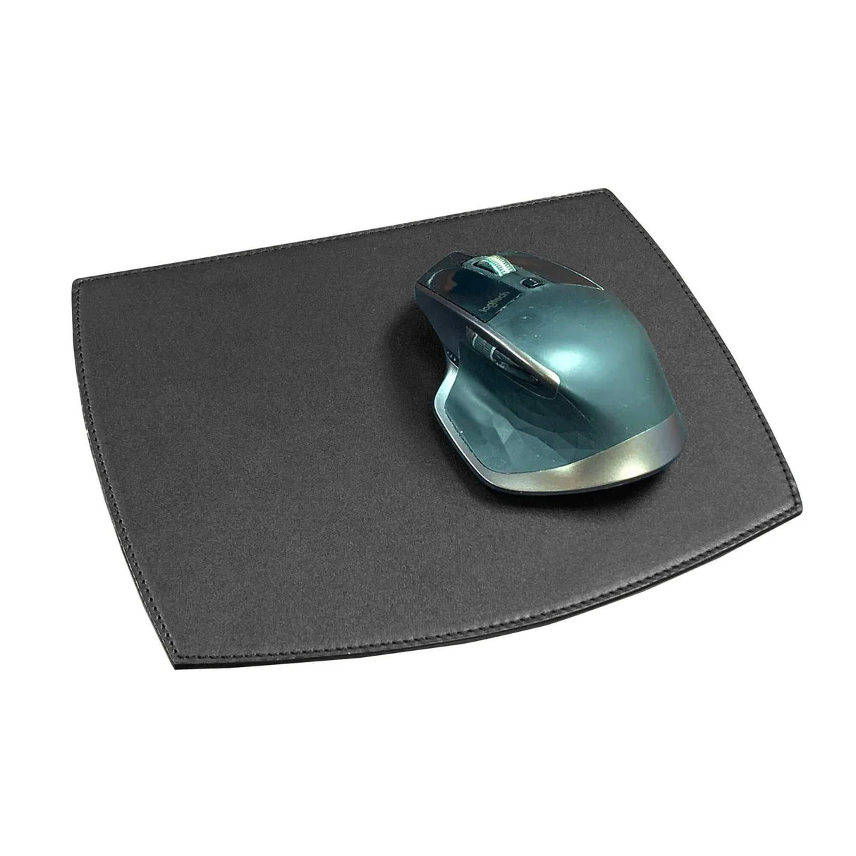 Black leather mouse pad with a wireless mouse on a white background