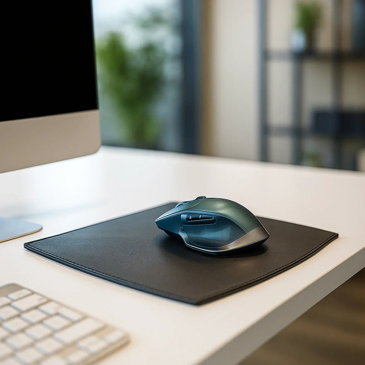 Black leather mouse pad with ergonomic mouse on modern office desk setup