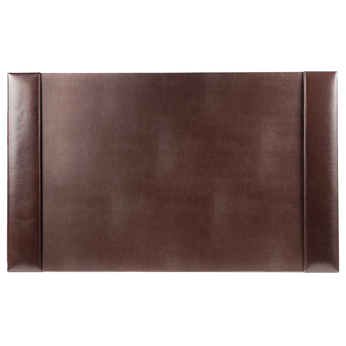 Dark brown leather desk pad, rectangular with stitched edges, simple workspace accessory