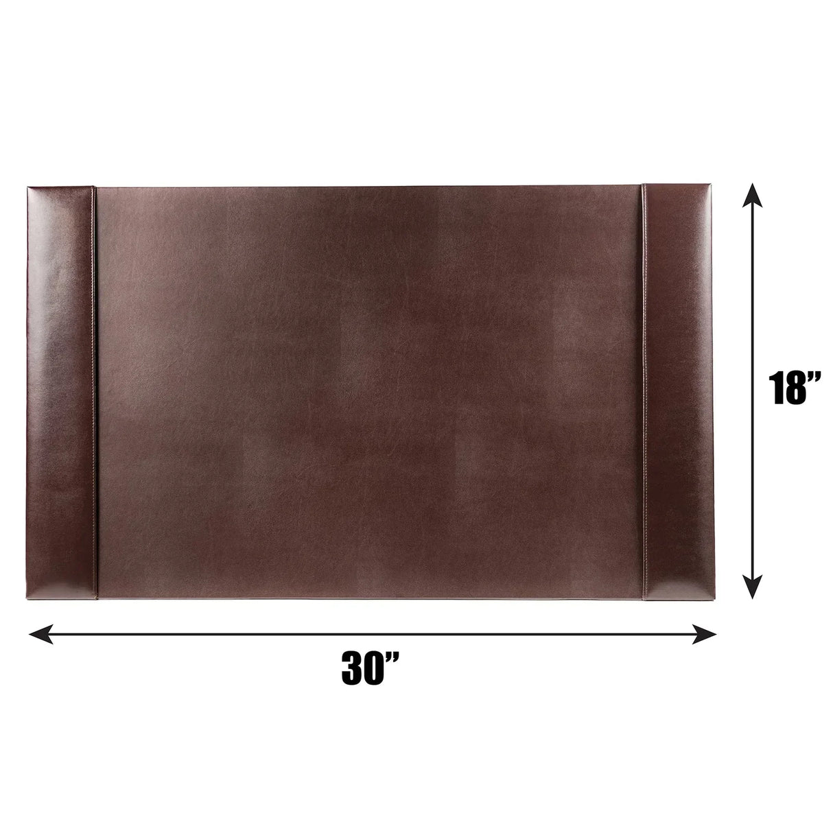 Dark brown bonded leather desk pad, 30 by 18 inches, with stitched edges on white background.