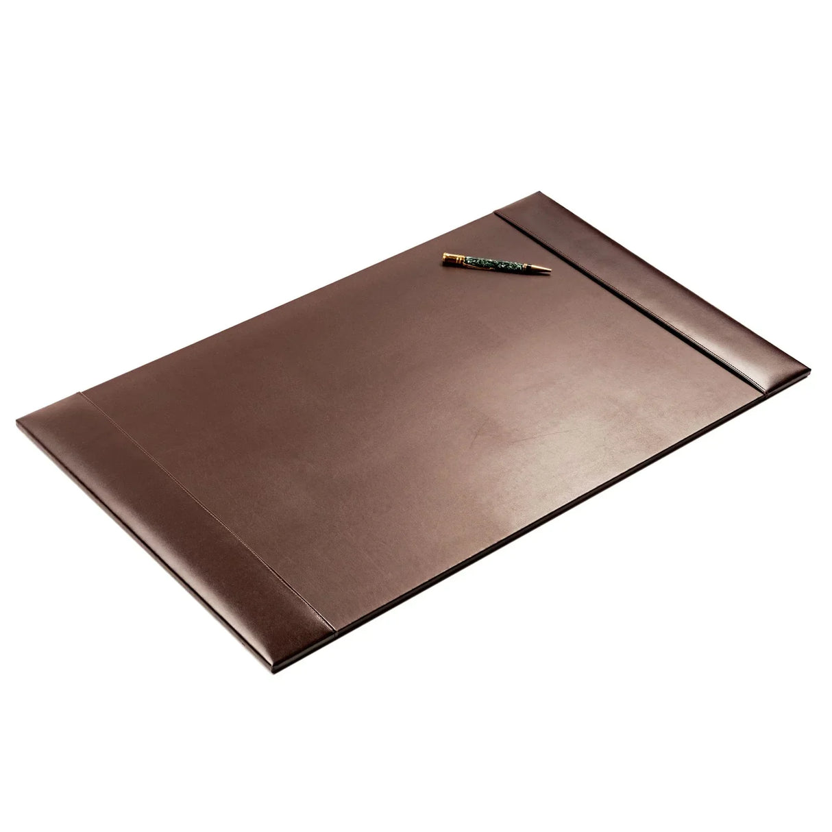 Dark brown bonded leather desk pad with pen, 30 x 18 inches, on white background