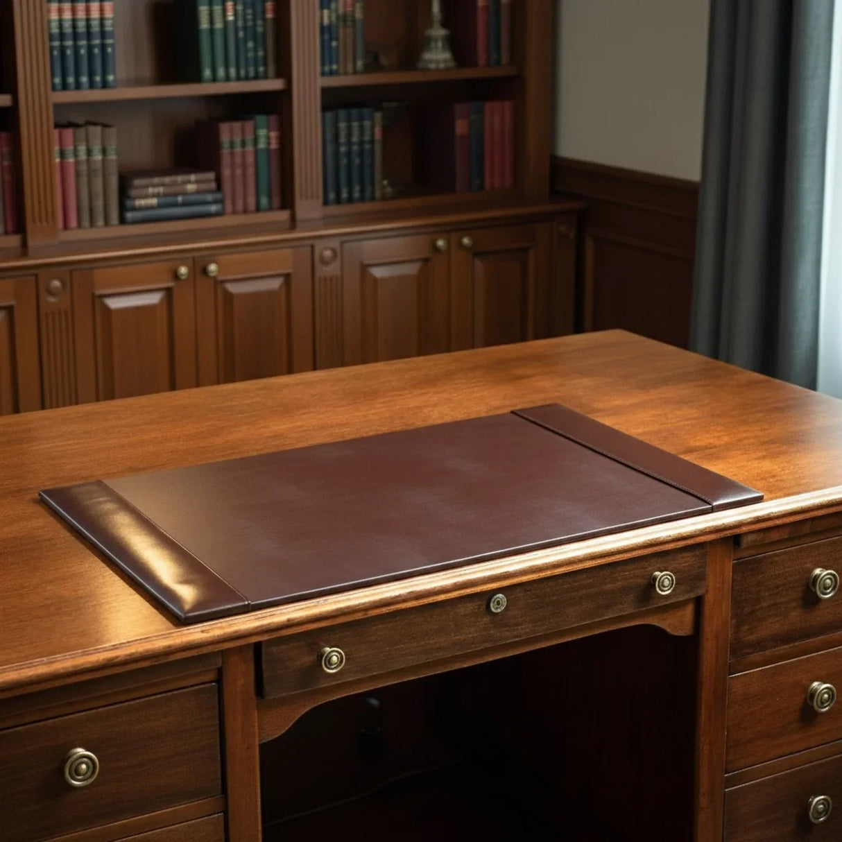 Dark brown leather desk pad on a wooden executive desk in an office setting