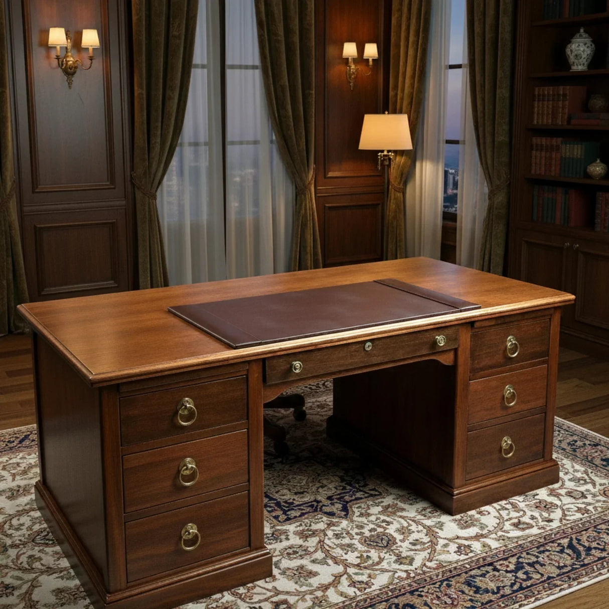 Dark brown leather desk pad on a classic wood office desk in a traditional study setting