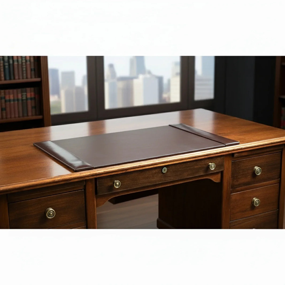Dark brown leather desk pad on wooden office desk, modern office setting with city view