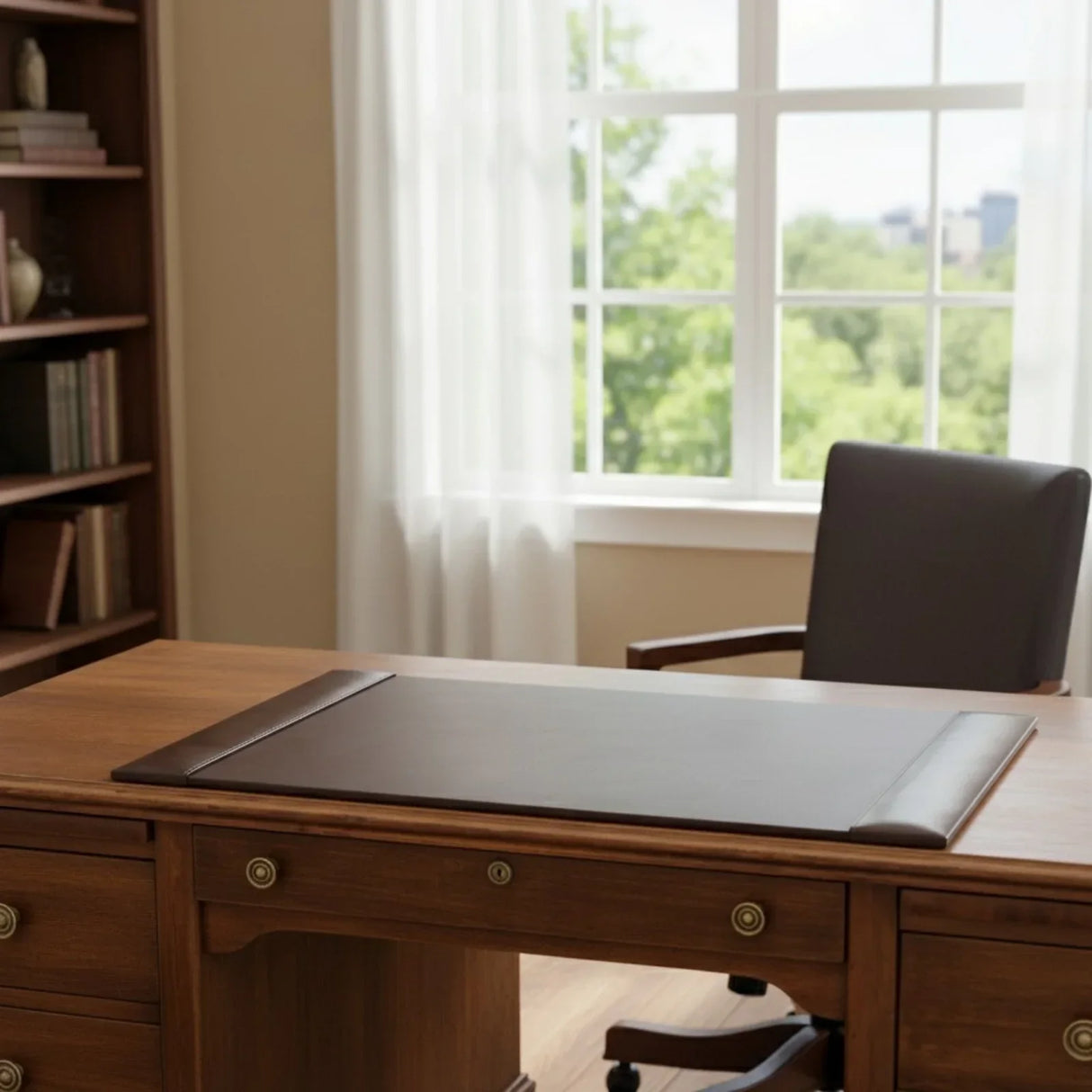 Dark brown leather desk pad on wooden office desk in a bright home office setting