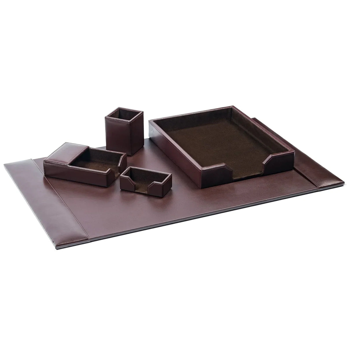 Dark brown bonded leather desk organizer set with tray, pen holder, and pad