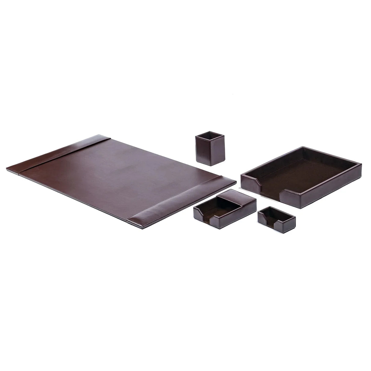 Dark brown bonded leather 5-piece desk organizer set with mat, trays, and pencil holder