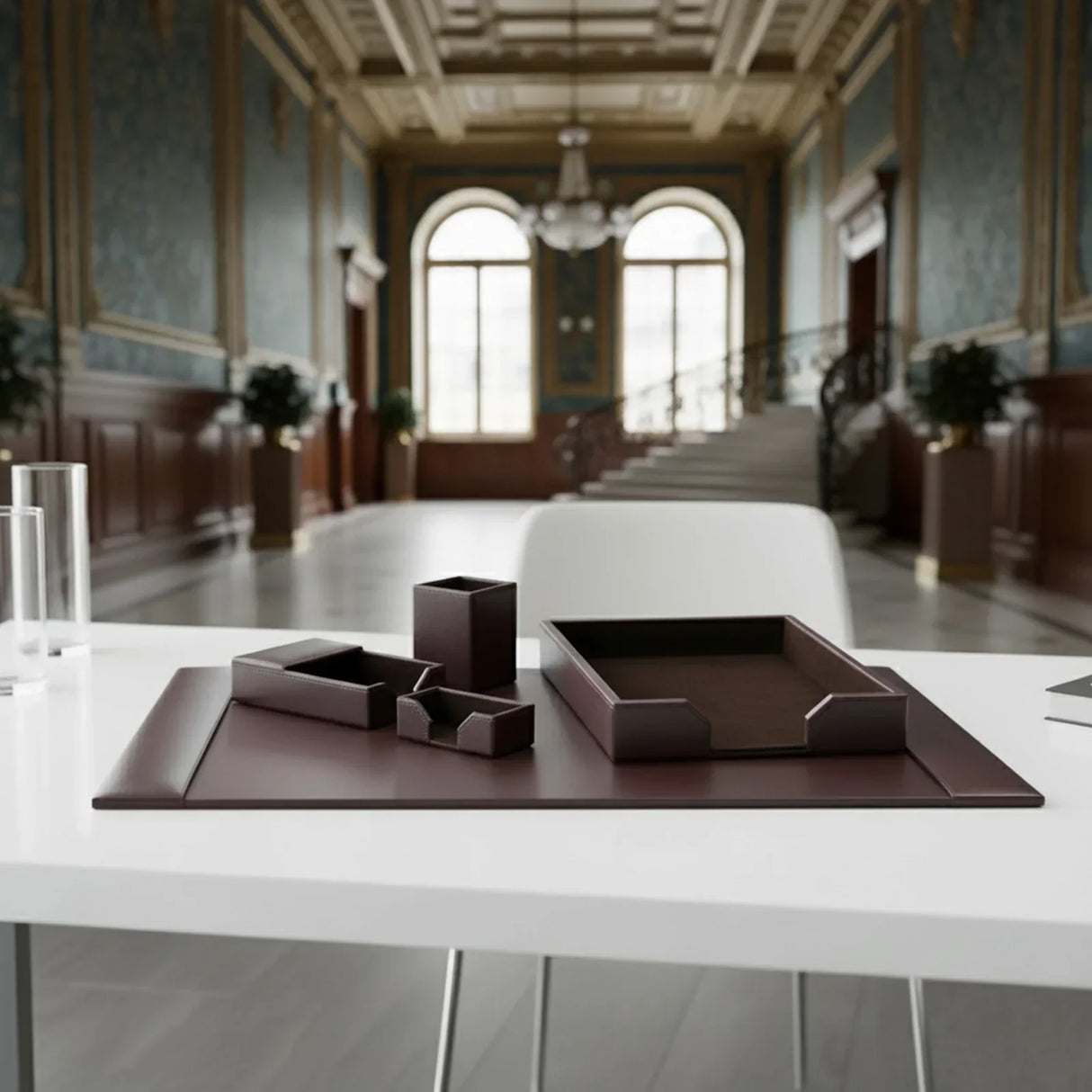 Dark brown bonded leather 5-piece desk organizer set on modern white desk in elegant office