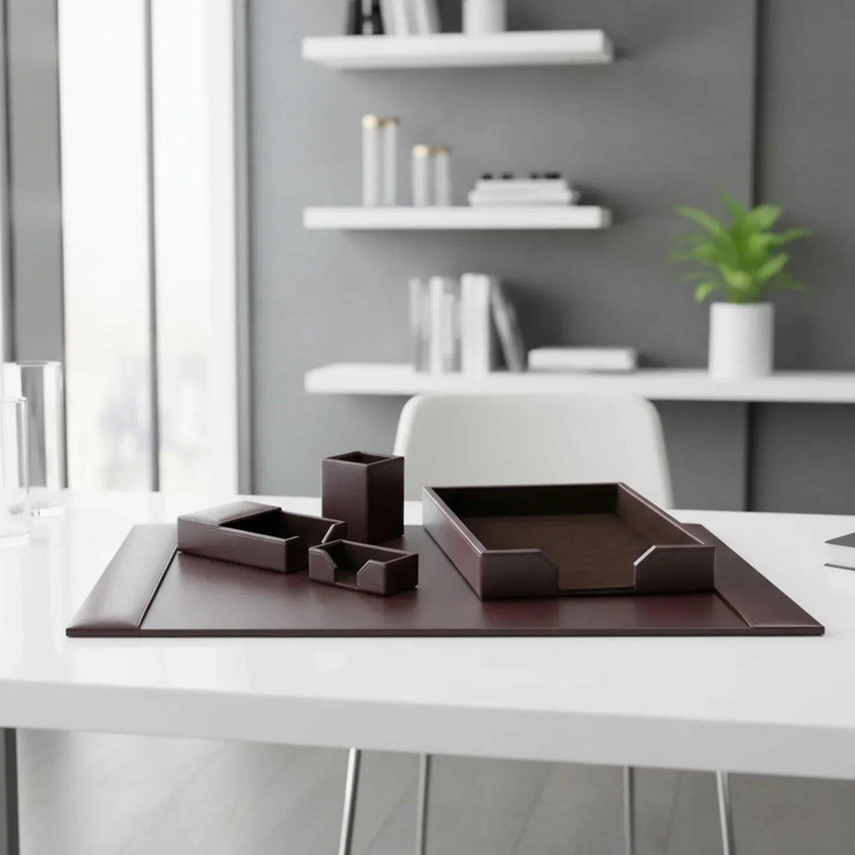 Dark brown bonded leather 5-piece desk organizer set on modern office desk