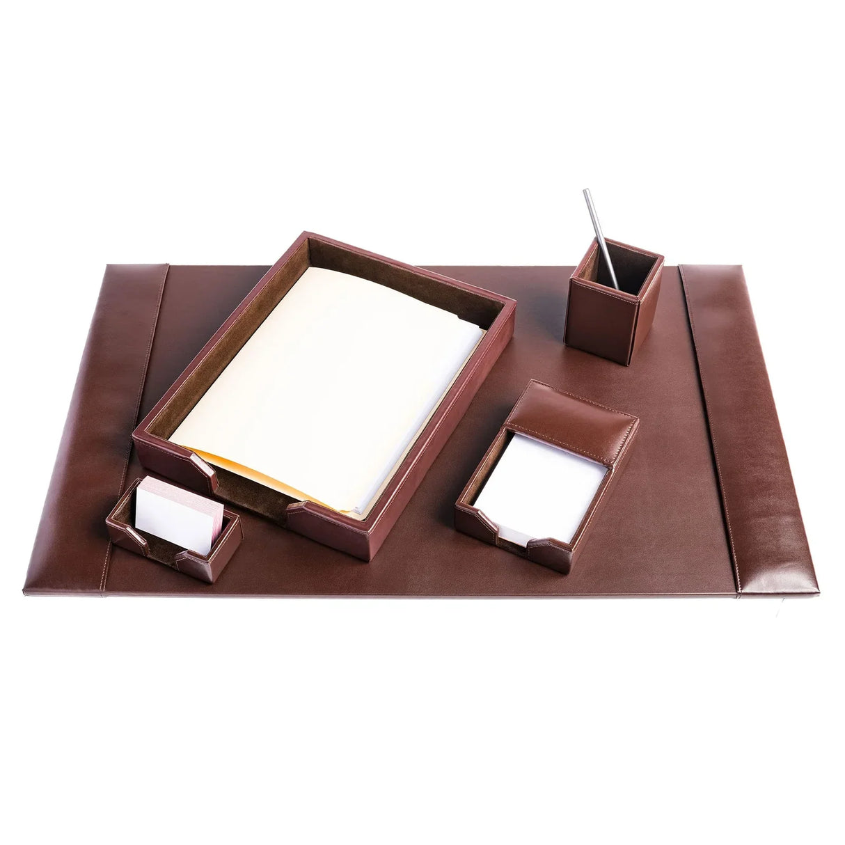 Dark brown bonded leather 5-piece desk organizer set with tray, pen holder, and notepad on desk pad