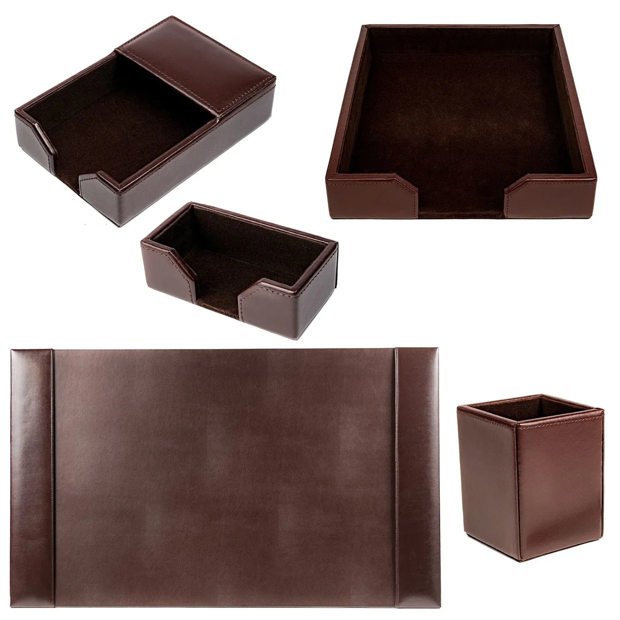 Dark brown bonded leather 5-piece desk organizer set with tray, mat, and holders