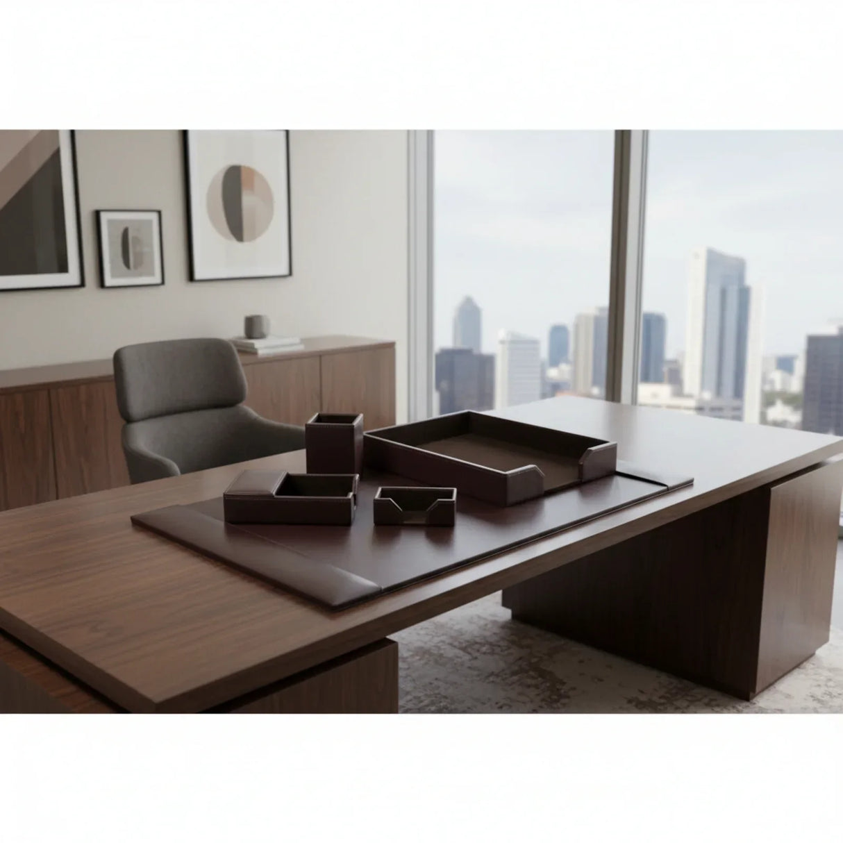 Dark brown bonded leather desk set with five pieces on a modern office desk near city window