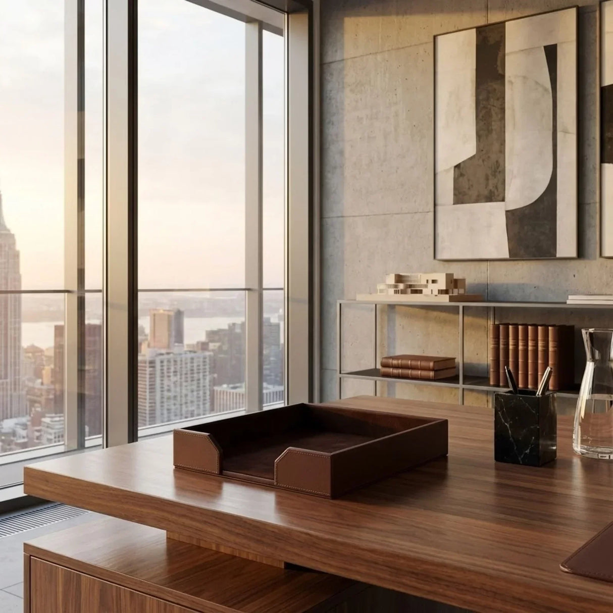 Dark brown leather letter tray on modern wooden office desk with city view