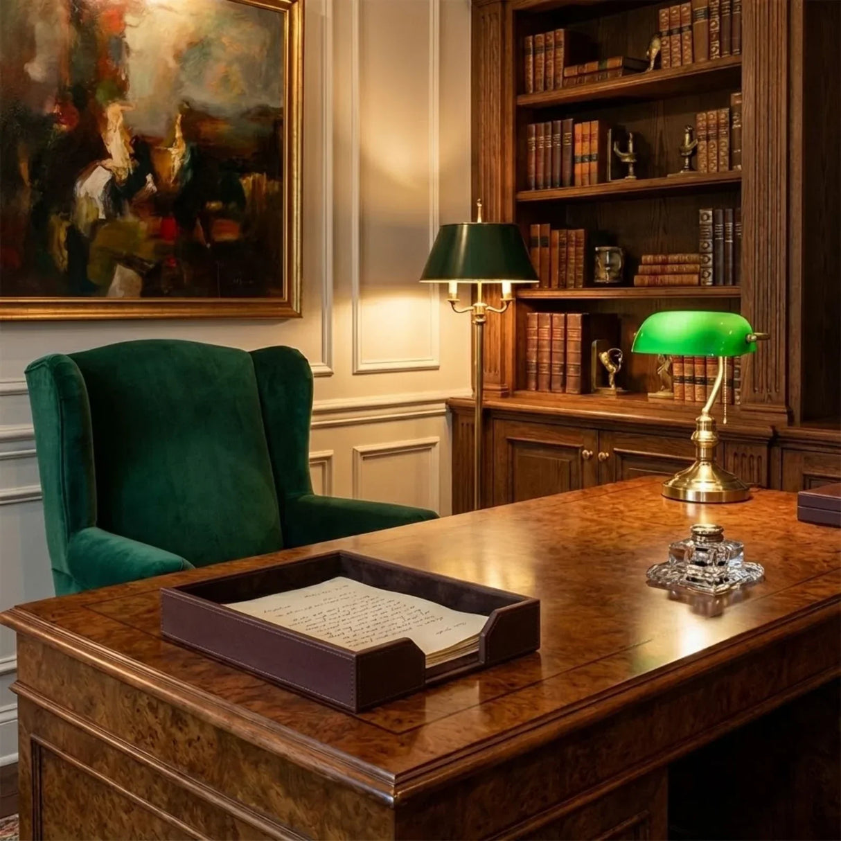 Dark brown leather letter tray holding papers on a wood desk in a classic office setting
