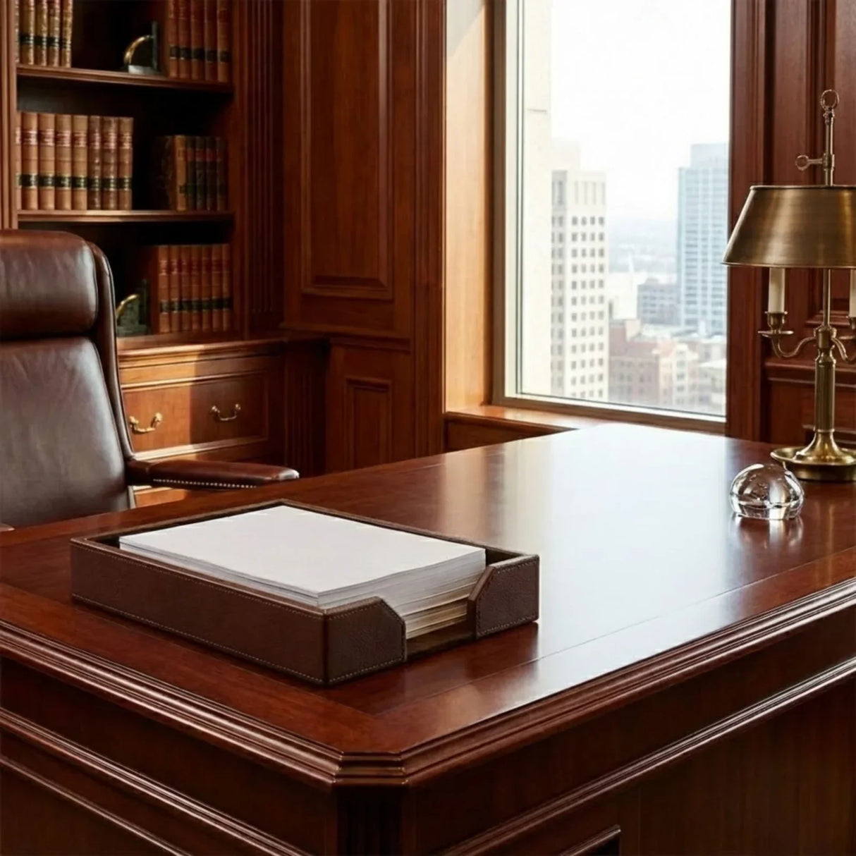 Dark brown leather letter tray with papers on a polished wood office desk by a window