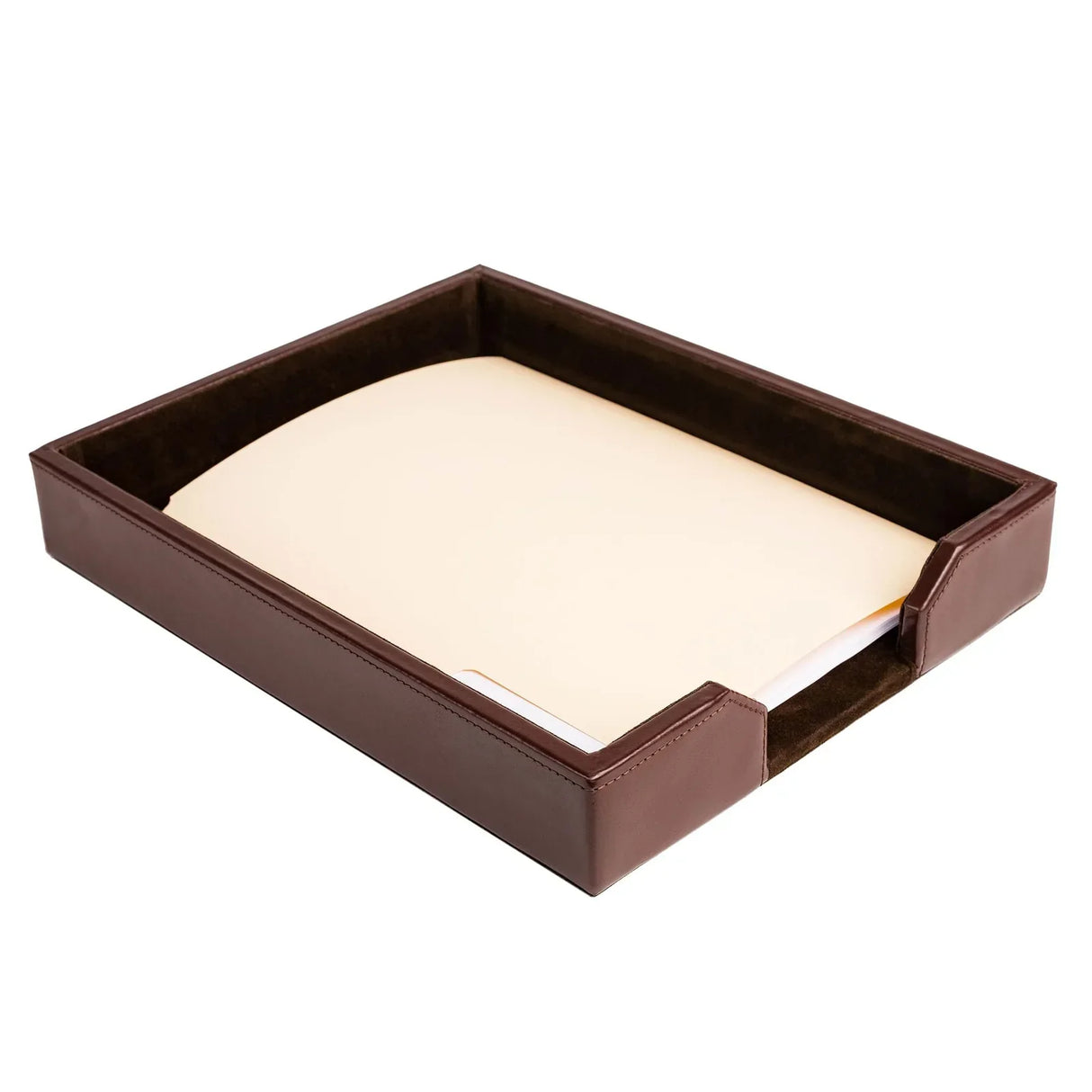 Dark brown bonded leather letter tray for desk with file folder inside