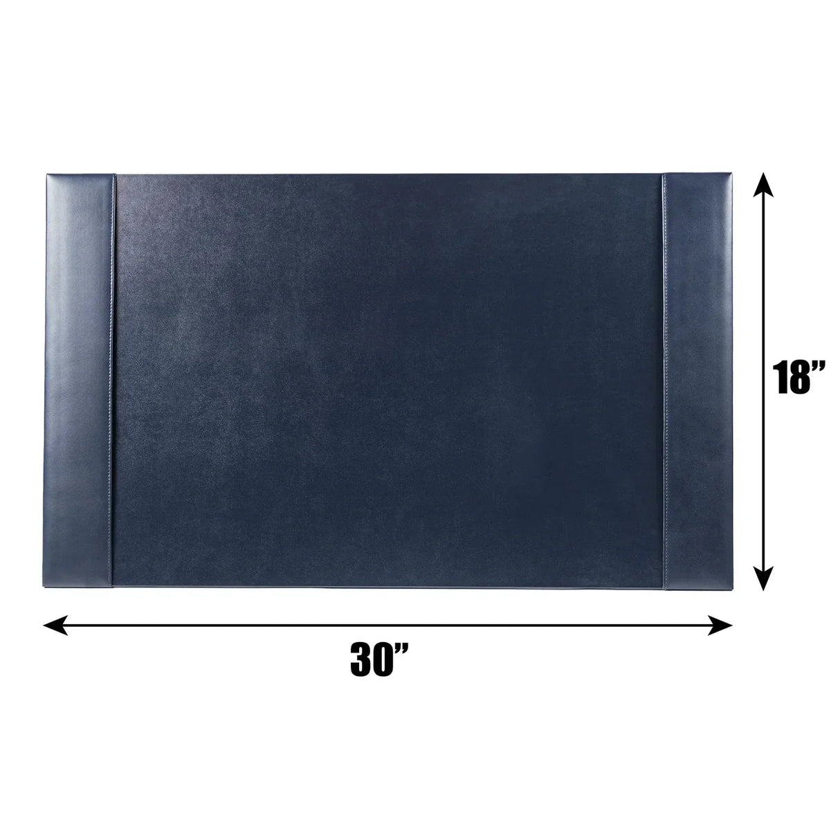 Navy blue bonded leather desk pad, 30 x 18 inches, with stitched edges on white background.