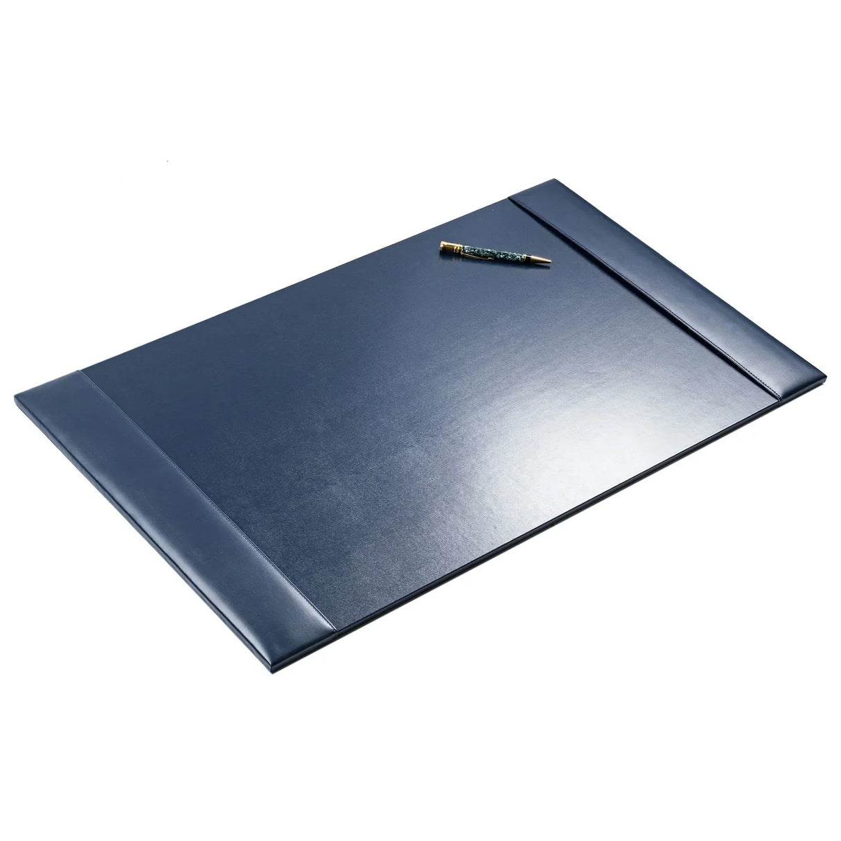 Navy blue bonded leather desk pad with a pen on white background, office workspace accessory