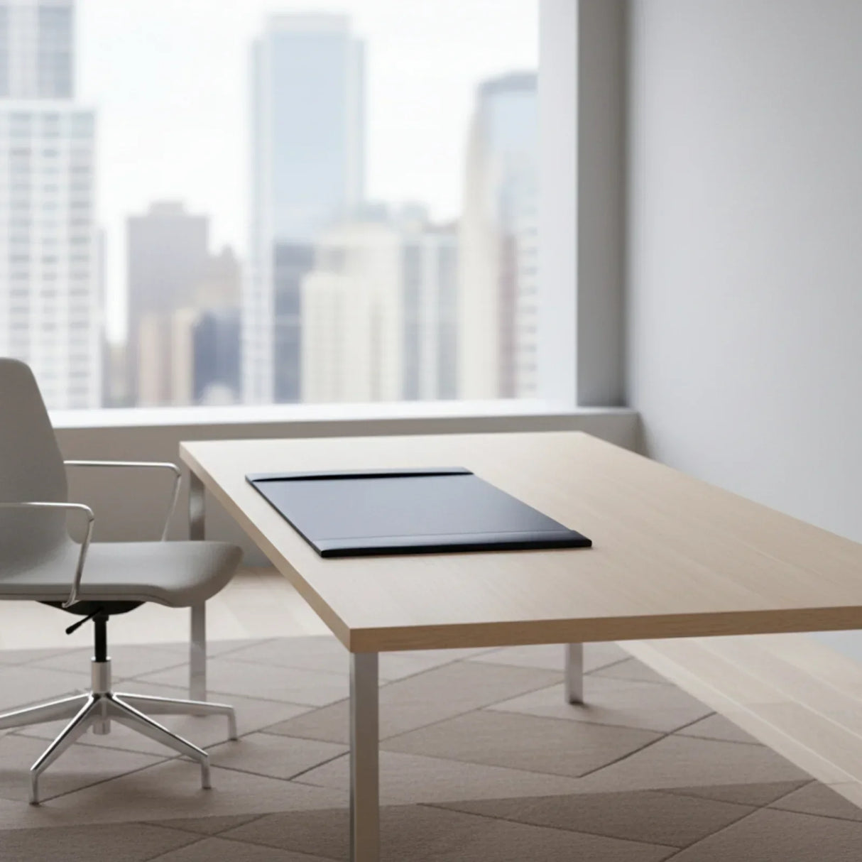 Navy blue leather desk pad on modern light wood office desk with city view window