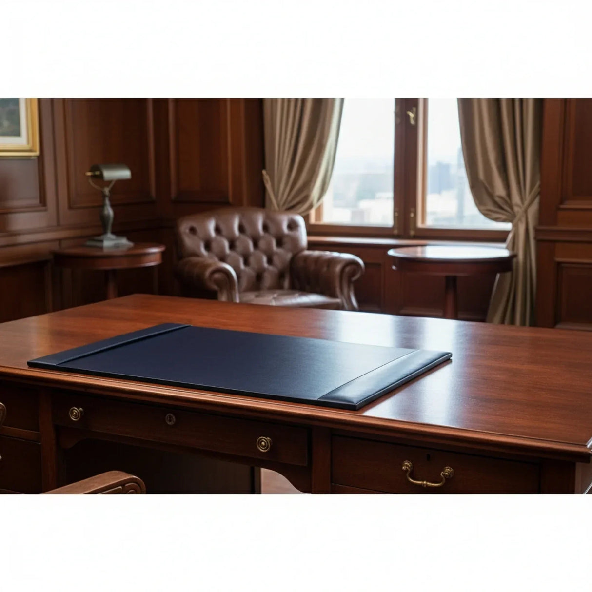 Navy blue bonded leather desk pad on wooden executive office desk in classic study