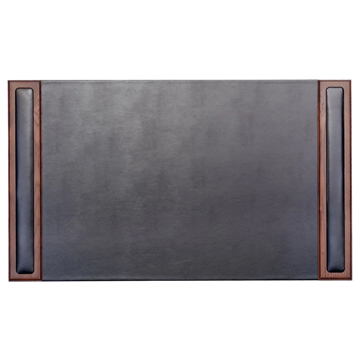 Rectangular desk pad with black leather surface and walnut wood side rails