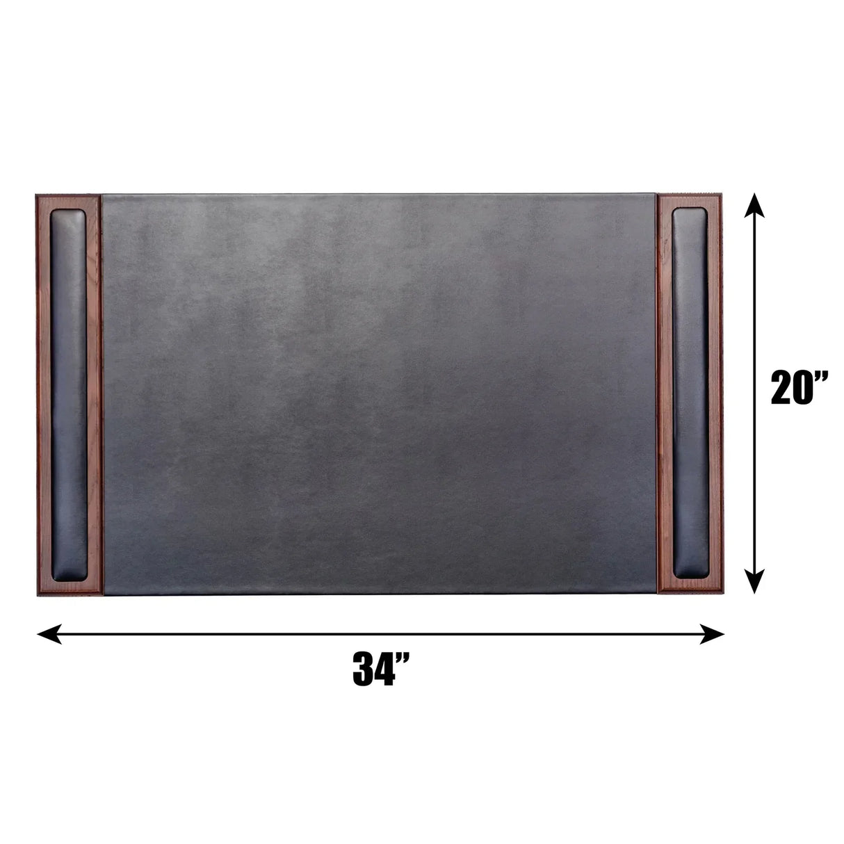 Walnut and black leather desk pad with side rails, measuring 34 x 20 inches, top view