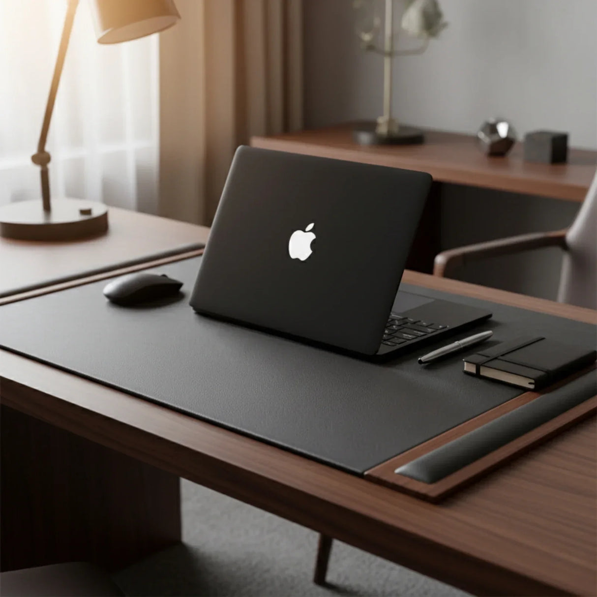 Walnut and black leather desk pad on executive desk with laptop, mouse, and notebook