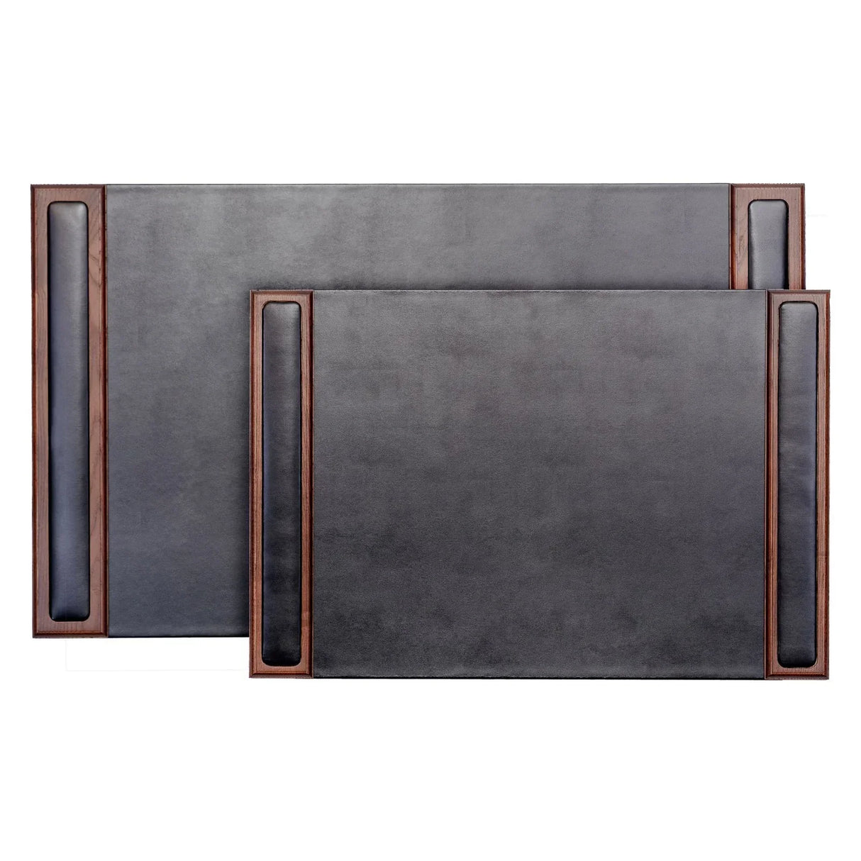 Walnut and black leather desk pads with side rails, shown in two sizes on white background.