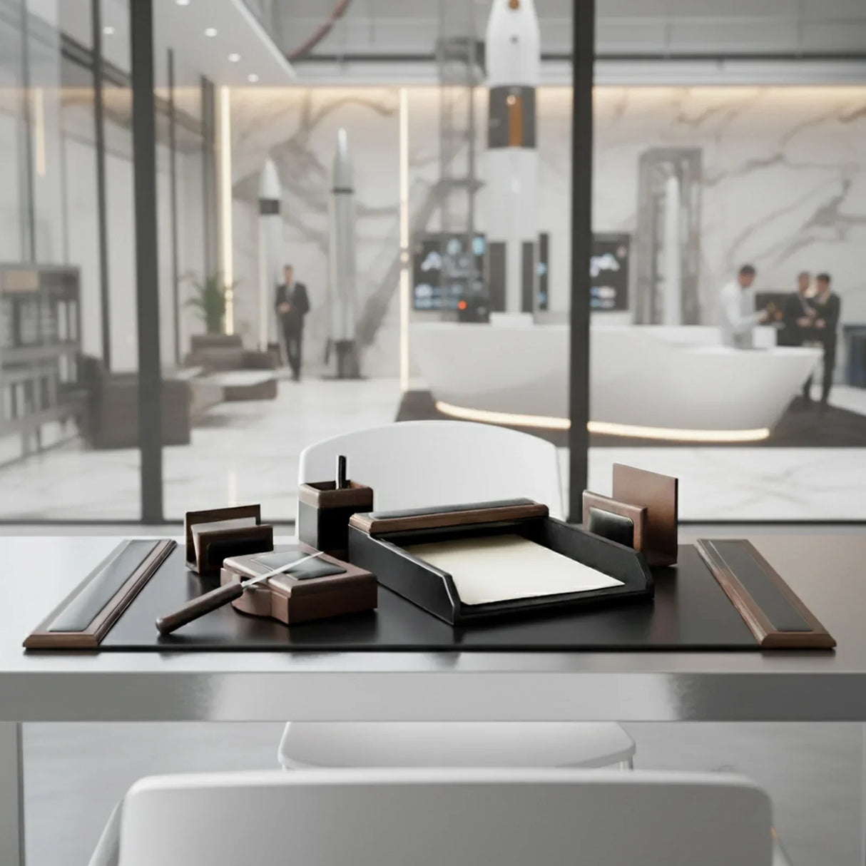 Walnut and black leather 7-piece desk organizer set on modern office desk