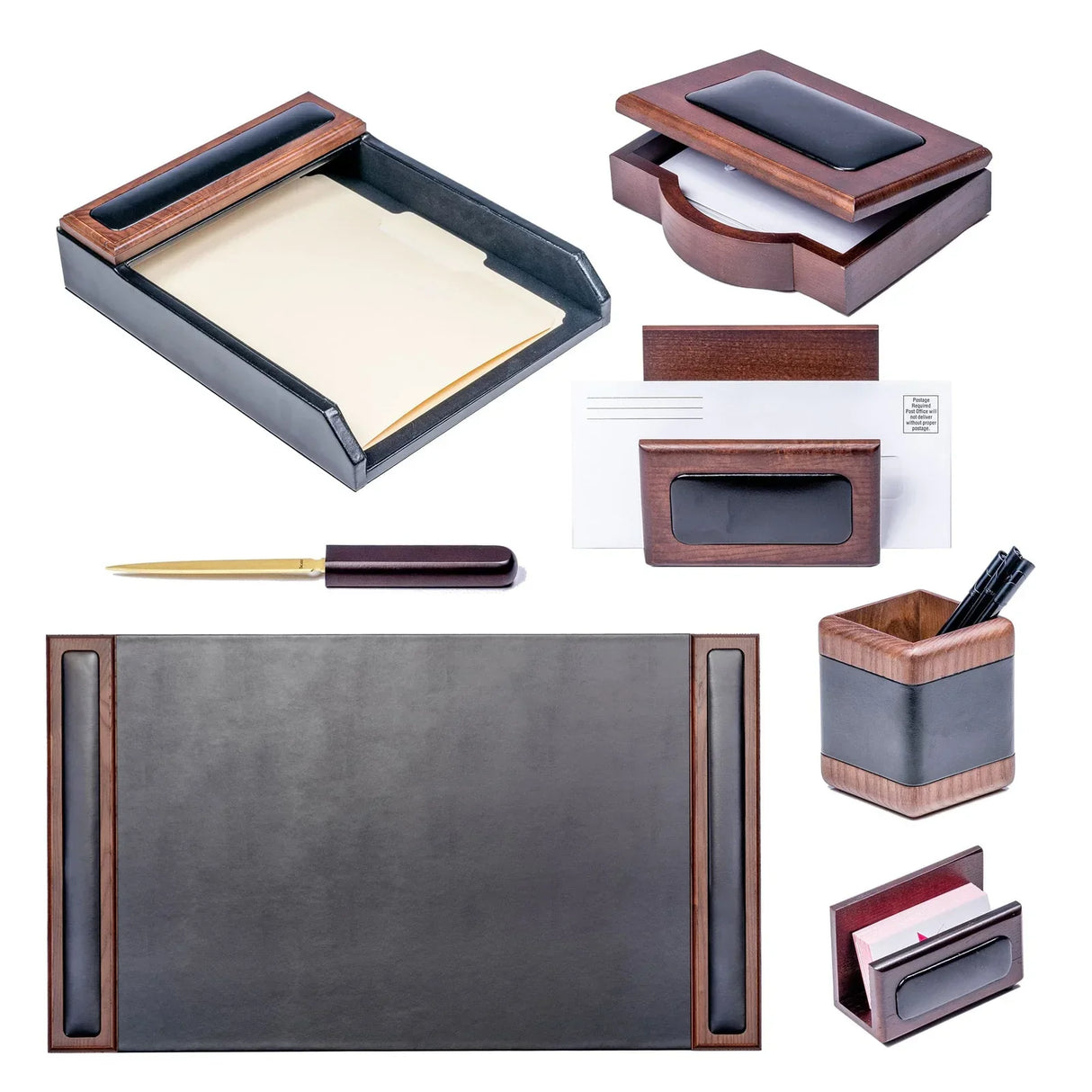 Seven-piece walnut and black leather desk organizer set, including desk pad, letter tray, pen holder, memo holder, business card holder, letter opener, and storage box for office workspace.