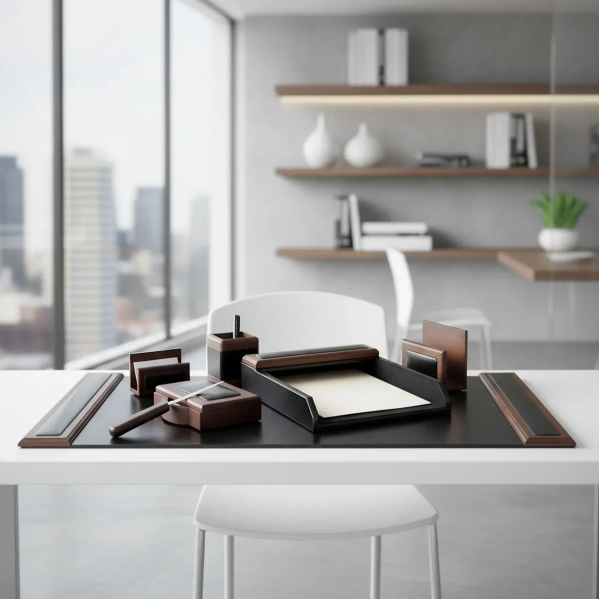 Walnut and black leather 7-piece desk organizer set on modern office table with city view.