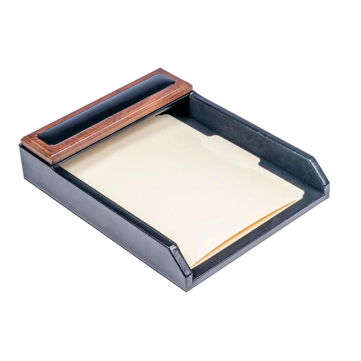 Walnut and black leather desk tray with folder, office organizer for workspace