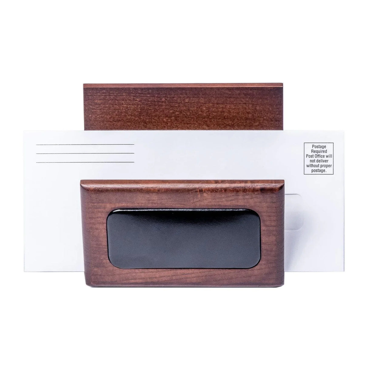 Walnut and black leather desk letter holder with envelope, office organizer accessory