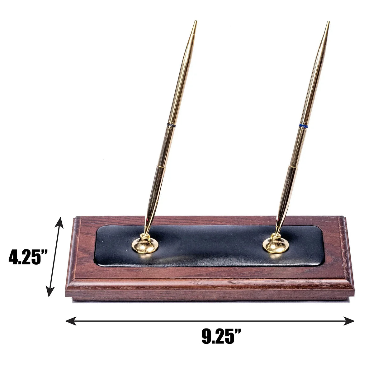 Walnut and black leather double pen stand with two gold pens, 9.25 x 4.25 inches.