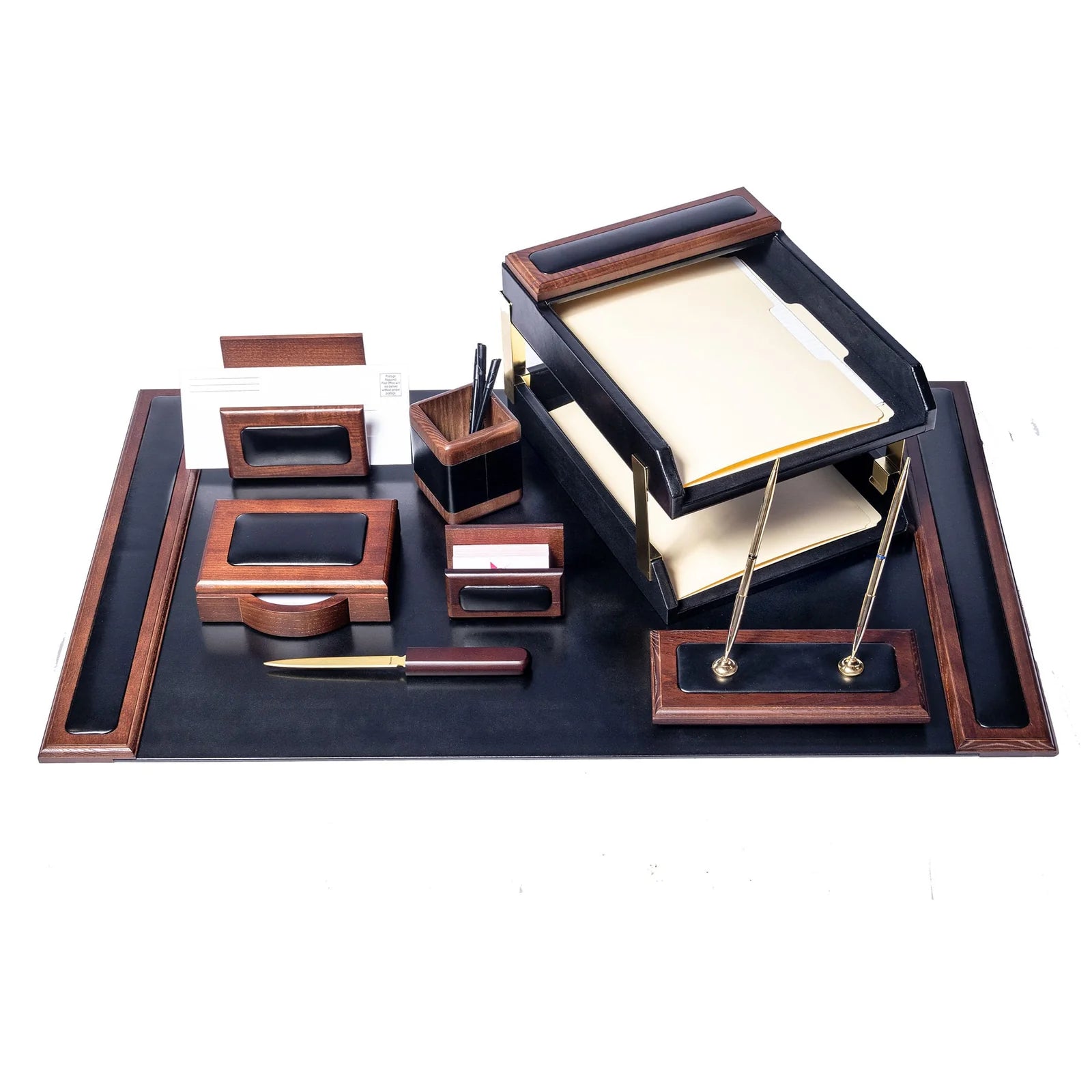 Luxury walnut and leather 10-piece desk organizer set with trays, letter holder, and pen set.