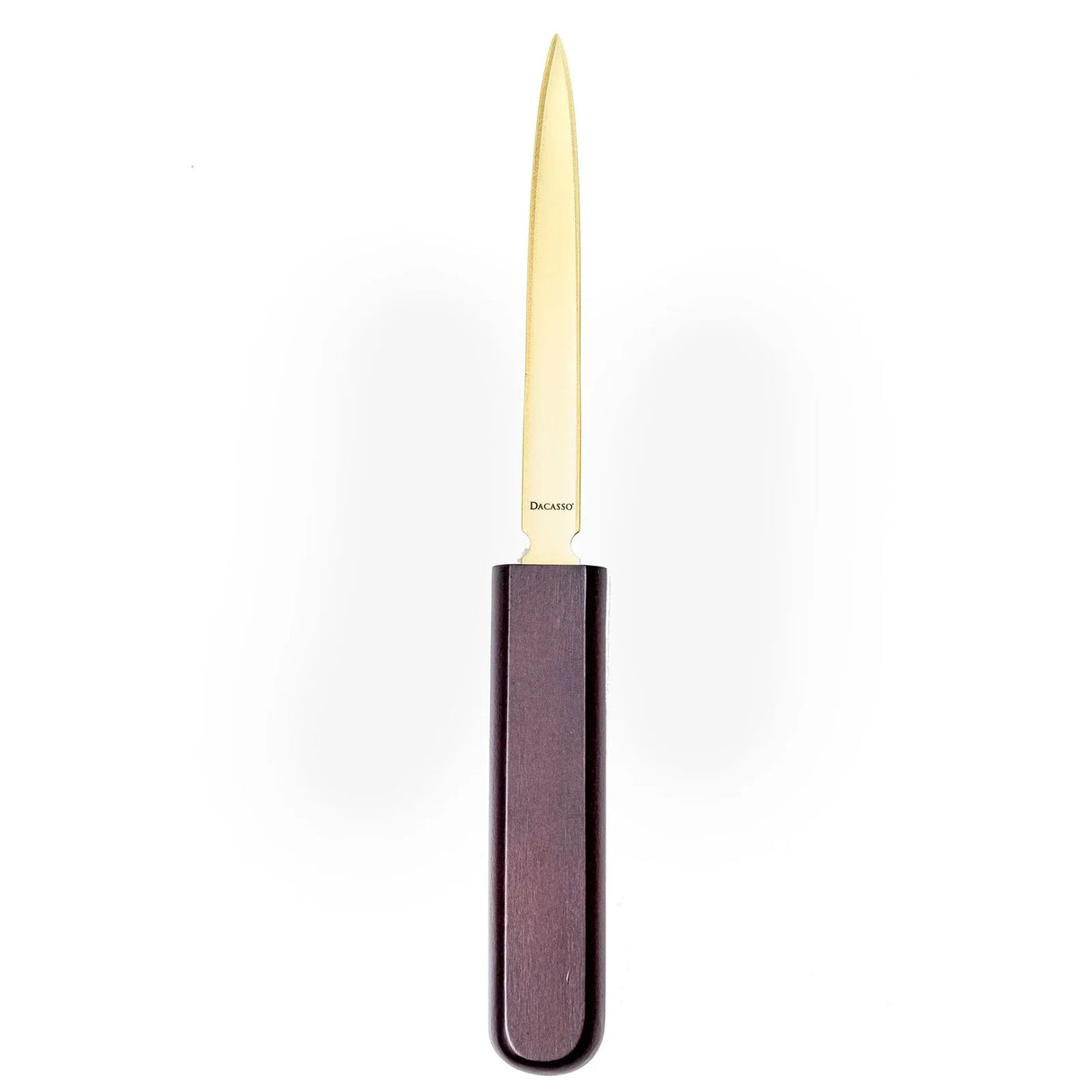 Gold letter opener with walnut wood handle on white background, office desk accessory