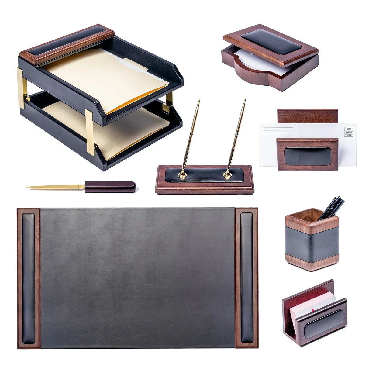 Walnut and black leather 10-piece desk organizer set with file tray, pen holder, desk pad, and accessories
