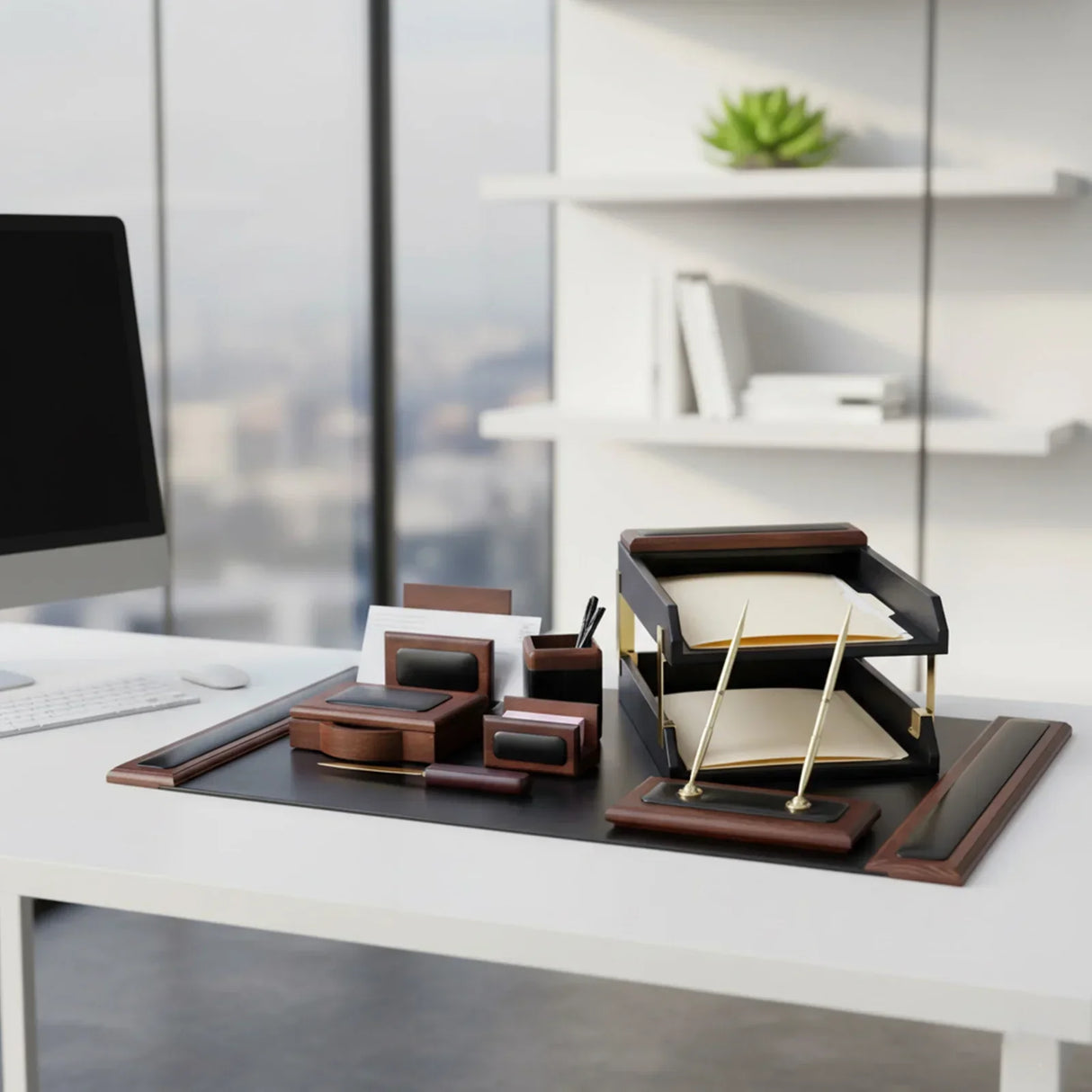 Walnut and leather 10-piece desk organizer set on modern office desk with computer