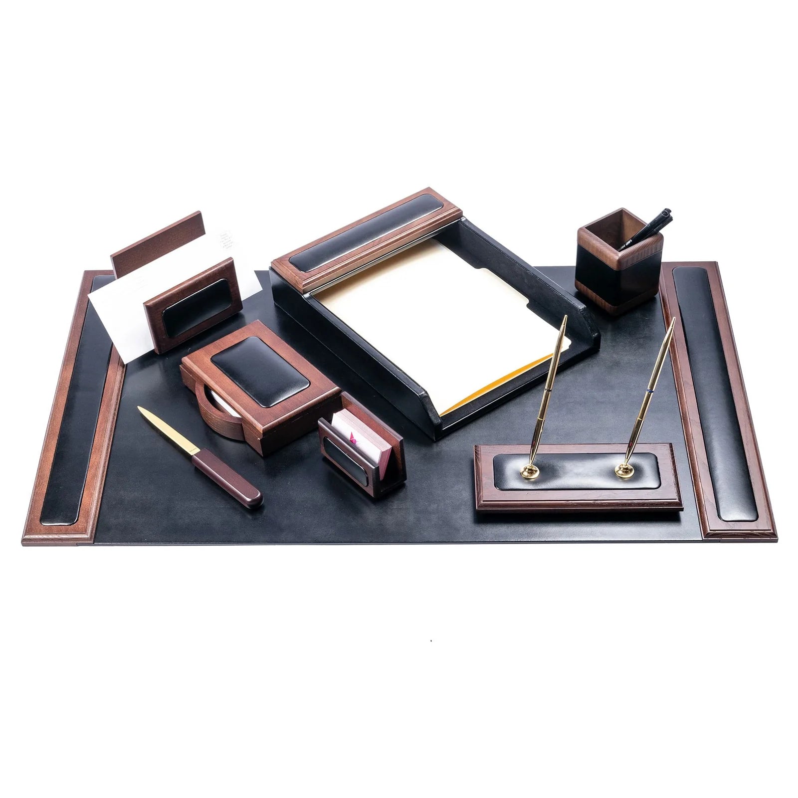 Walnut and leather 8-piece desk organizer set with pen holder, letter tray, and accessories on a desk pad