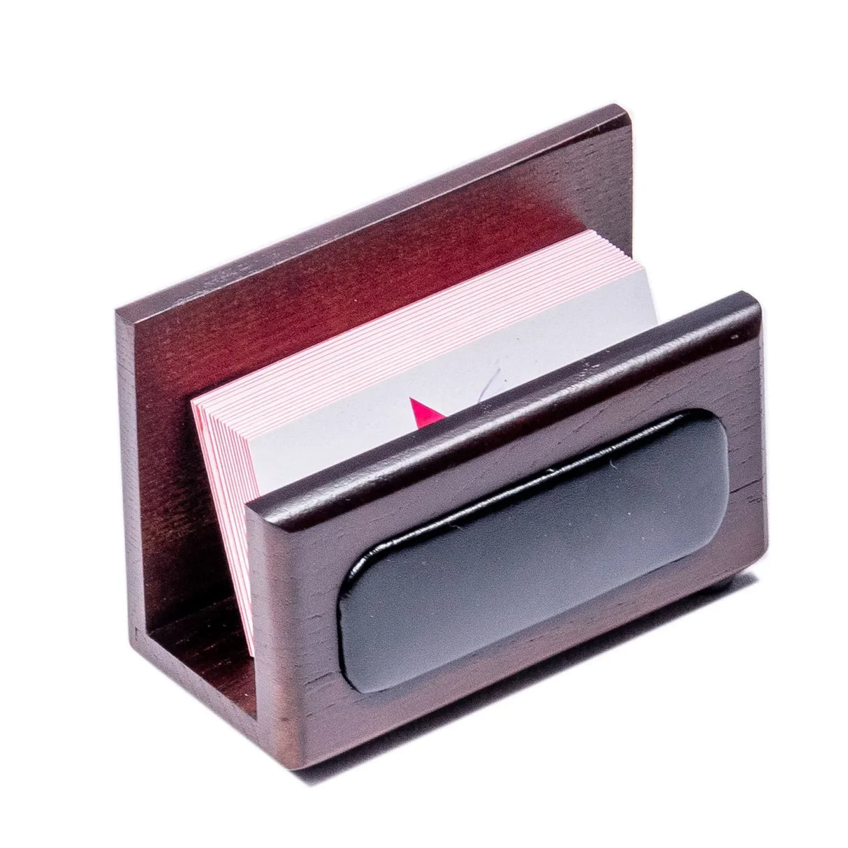 Walnut and leather business card holder with cards, modern office desk accessory