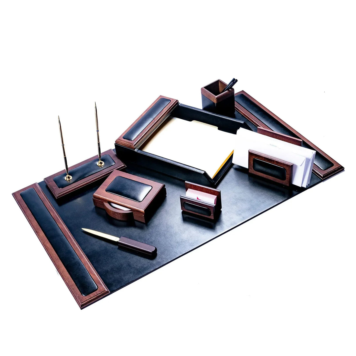 Walnut and leather 8-piece desk organizer set with pen holder, tray, and letter opener.