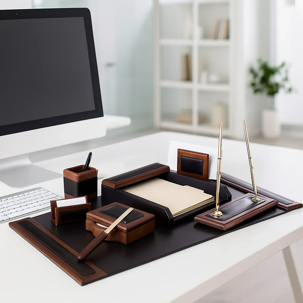 Walnut and leather 8-piece desk set with organizers and pens on modern office desk