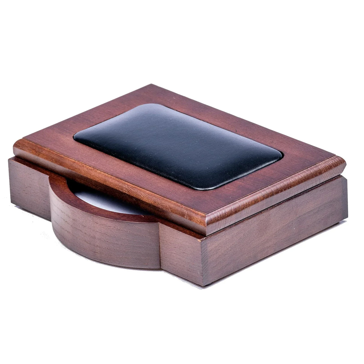 Walnut and leather note holder with curved front and black padded top, desktop accessory.
